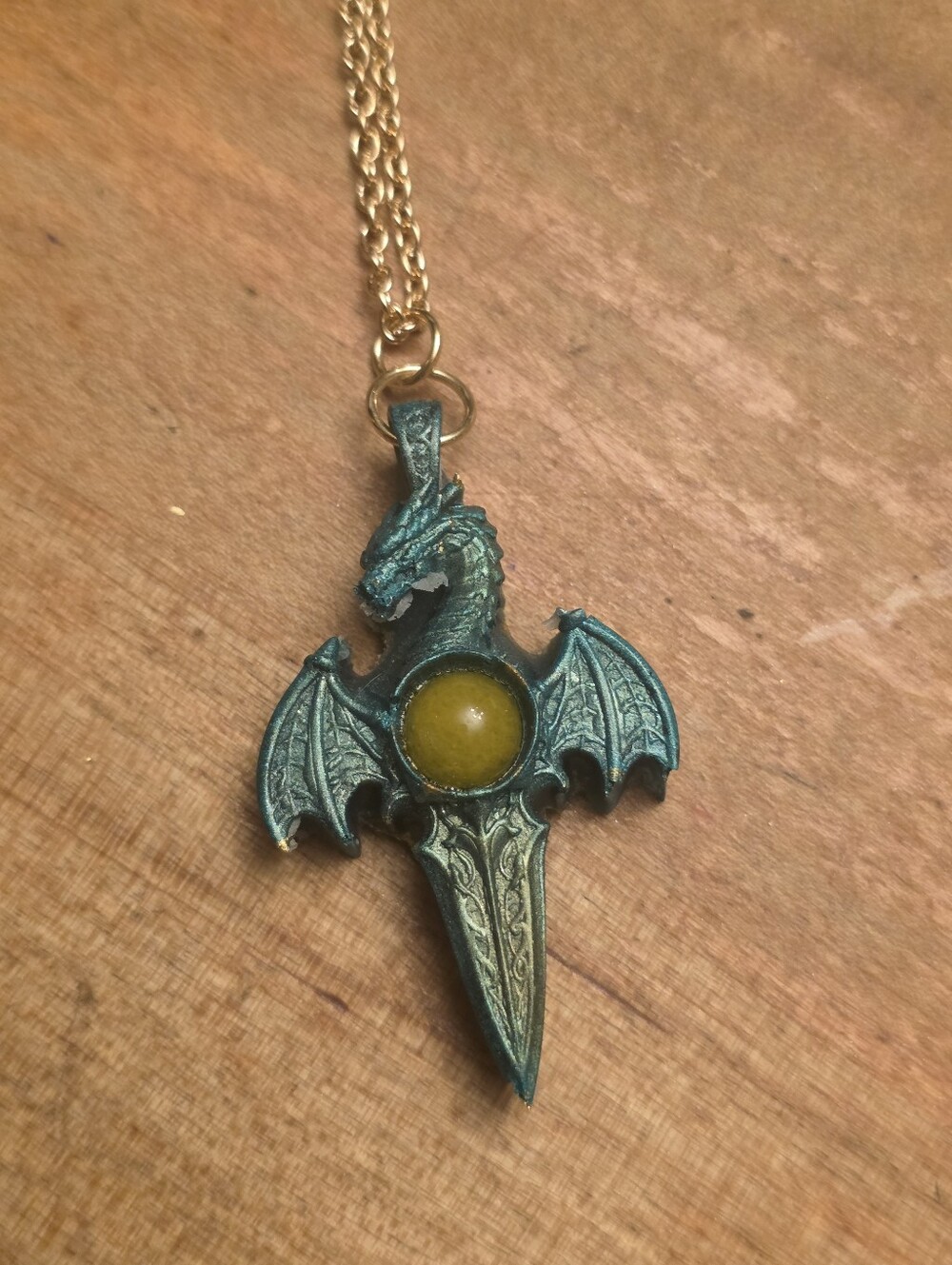 Unisex Dragon Dagger Gemstone Pendant On Silver-tone Chain Necklace